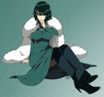  1girl artist_name black_footwear bob_cut boots breasts coat coat_on_shoulders collared_dress dress fubuki_(one-punch_man) full_body fur_coat green_dress green_eyes green_hair hand_on_own_chin high_heel_boots high_heels highres impossible_clothes jewelry large_breasts necklace one-punch_man parted_lips pearl_necklace r3dfive short_hair sitting solo taut_clothes thigh_boots upskirt 