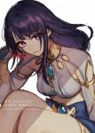  1girl armpit_cutout breasts brooch clothing_cutout commentary_request cosplay crop_top genshin_impact jewelry long_hair looking_at_viewer medium_breasts midriff neck_ring nilou_(genshin_impact) nilou_(genshin_impact)_(cosplay) ojo_aa purple_eyes purple_hair raiden_shogun sitting solo thighlet 