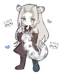  1boy animal_ears animal_hands armor black_coat black_footwear blush_stickers boots cat_boy cat_ears cat_tail chest_strap chibi coat commentary english_commentary final_fantasy final_fantasy_vii full_body green_eyes grey_hair heart high_collar highres kemonomimi_mode knee_boots leopard_boy leopard_ears leopard_tail long_bangs long_coat long_hair long_sleeves looking_up male_focus open_clothes open_coat parted_bangs pauldrons plamt_cat sephiroth shoulder_armor simple_background sketch slit_pupils snow_leopard snow_leopard_boy snow_leopard_ears snow_leopard_tail solo tail white_background 
