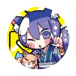  1boy \m/ animal_ear_fluff animal_ears bell blue_kimono blush_stickers border character_request collarbone commentary_request copyright_request fang fox fox_ears fox_tail japanese_clothes kimono looking_at_viewer lowres male_focus one_eye_closed open_mouth purple_hair round_border short_hair simple_background solo tail terada_tera two-tone_background upper_body whiskers white_background yellow_background 