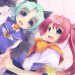  2girls animal_ears animal_hands atelier-moo bell blue_eyes blush cat_ears cat_paws cynthia_laptess fang gloves green_hair iscia long_hair lowres multiple_girls open_mouth paw_gloves red_hair short_hair side_ponytail upper_body wizards_harmony 