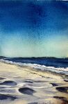  beach blue_sky highres horizon no_humans ocean original painting_(medium) sand shadow shibakaka shore sky sunlight traditional_media water waves 