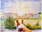  building dog evening from_behind grass house no_humans oekaki original painting_(medium) plant power_lines road shibakaka sun sunset town traditional_media twilight utility_pole watercolor_(medium) weeds 