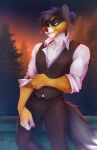 anthro canid canine canis clothed clothing costume domestic_dog erotical fur hair hi_res male mammal night pinup pose simple_background smile solo sunnyowi tail tarnb