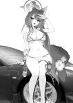  1girl animal_ear_fluff animal_ears arm_support arm_up bead_bracelet beads bikini blue_archive blush bracelet breasts car cleavage commentary fang flower fox_ears fox_girl fox_tail greyscale halo highres jewelry jun_project large_breasts long_hair looking_at_viewer monochrome motor_vehicle navel official_alternate_costume on_vehicle open_mouth simple_background sitting skin_fang smile solo stomach sweat swimsuit tail tail_flower tail_ornament tire vehicle_request wakamo_(blue_archive) wakamo_(swimsuit)_(blue_archive) white_background 