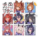  6+girls a_passing_phantom ahoge animal_ears aston_machan_(umamusume) biko_pegasus_(umamusume) blush blushing_girls_are_cute_(template) brown_hair closed_eyes closed_mouth collarbone commentary_request cup curren_chan_(umamusume) eishin_flash_(umamusume) flustered green_eyes hair_between_eyes hair_ornament headband highres horse_ears horse_girl long_hair looking_at_viewer low_twintails manhattan_cafe_(umamusume) medium_hair mihono_bourbon_(umamusume) mug multiple_drawing_challenge multiple_girls portrait school_uniform tracen_school_uniform twintails umamusume win_variation_(umamusume) 