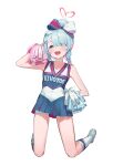  1girl absurdres arona_(blue_archive) blue_archive blue_eyes blue_hair blue_skirt blush braid cheering cheerleader choker full_body hair_over_one_eye halo highres holding holding_pom_poms official_alternate_costume open_mouth pleated_skirt pom_pom_(cheerleading) red_halo shoes short_hair simple_background single_braid skirt smile socks solo timo_wei95 white_background white_choker white_footwear white_socks 