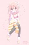  1girl black_thighhighs blush_stickers character_name collarbone frilled_straps indie_virtual_youtuber kohanai_momomi long_hair looking_at_viewer open_mouth pink_background pink_eyes pink_hair shirt socks solo striped_clothes striped_socks thighhighs twintails uxu_uxa_axa virtual_youtuber white_shirt 