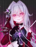  1girl black_choker black_gloves blush bright_pupils choker cross dark_background evil_smile gloves glowing glowing_eyes honkai_(series) honkai_impact_3rd jacket long_hair long_sleeves looking_at_viewer naughty_face purple_eyes purple_ribbon red_jacket red_ribbon ribbon ribbon_hair_ornament saewon simple_background smile solo solo_focus string thelema_(honkai_impact) upper_body white_hair white_pupils 