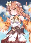  1girl armpits blush breasts brown_eyes brown_hair character_request closed_mouth cloud commentary_request feathers flower granblue_fantasy hair_ornament headband highres long_braid long_hair sleeveless small_breasts syalm wings 