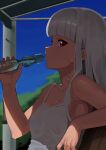  1girl absurdres bare_shoulders blue_sky breasts day garuku1120 grey_hair highres hot long_hair looking_at_viewer original outdoors ramune red_eyes sideways_glance sky small_breasts solo summer sweat tan upper_body 