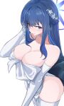  1girl absurdres ass blue_archive blue_eyes blue_hair blue_halo blush braid breasts choker cleavage closed_mouth collarbone cowboy_shot dress elbow_gloves gloves halo highres large_breasts long_hair saori_(blue_archive) saori_(dress)_(blue_archive) simple_background smile solo strapless strapless_dress thighhighs vanko_(vank0a) white_background white_choker white_dress white_gloves white_thighhighs 