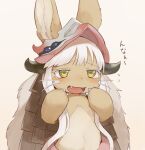  1other androgynous animal_ears body_fur brown_fur colored_eyelashes ears_through_headwear erumeruta fake_horns fang furry furry_other green_eyes hands_up helmet horizontal_pupils horned_helmet horns looking_at_viewer made_in_abyss nanachi_(made_in_abyss) open_mouth other_focus pelt rabbit_ears short_hair_with_long_locks simple_background smile solo upper_body whiskers white_background white_hair 
