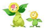  claws closed_eyes crossover digimon digimon_(creature) fang flower highres leaf looking_at_another loyaldis no_humans open_mouth petals pokemon pokemon_(creature) simple_background smile sunflora sunflower sunflowmon tail white_background wings 