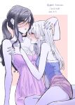  2girls absurdres babydoll bare_arms biting black_hair blue_camisole blush breasts camisole cleavage dated eyes_visible_through_hair fangs hand_on_another&#039;s_chest highres large_breasts lingerie long_hair multiple_girls nijisanji orange_eyes parted_lips pink_background purple_babydoll purple_camisole purple_shorts red_eyes shirayuki_tomoe shorts sitting sitting_on_lap sitting_on_person sukoya_kana sweatdrop tank_top twitter_username two-tone_background underwear virtual_youtuber white_background white_hair yuri yuri_kyanon 