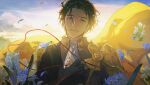  1boy armor black_gloves blue_flower brown_hair cape claude_von_riegan closed_mouth cloud earrings falling_petals fire_emblem fire_emblem:_three_houses flower gloves green_eyes highres jewelry kkia looking_at_viewer male_focus petals short_hair sky smile solo string string_of_fate upper_body yellow_cape 