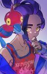  1boy black_hair highres jacket kieran_(pokemon) long_sleeves looking_at_viewer male_focus multicolored_hair nmnmnmk_p open_clothes open_jacket parted_lips pokemon pokemon_(creature) pokemon_sv porygon-z purple_hair red_tank_top simple_background tank_top upper_body white_jacket yellow_eyes 