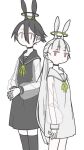  2girls animal_ears arms_at_sides black_choker black_dress black_hair black_sailor_collar black_thighhighs blunt_bangs brown_eyes choker closed_mouth dot_mouth dress feet_out_of_frame green_ribbon grey_dress grey_hair grey_sailor_collar hair_between_eyes highres hikimayu long_hair long_sleeves looking_at_viewer multiple_girls neck_ribbon original own_hands_together palms_together ponytail rabbit_ears ribbon sailor_collar sailor_dress see-through see-through_sleeves short_dress short_hair simple_background standing thighhighs uewtsol white_background 