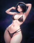  1girl absurdres anna_o_renko arms_up artist_name bikini black_bikini black_hair blue_eyes breasts dark_background hair_ornament highres large_breasts lips looking_at_viewer navel original short_hair solo swimsuit 