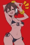  1girl absurdres aile_(mega_man_zx) arm_above_head bikini black_bikini black_bodysuit black_eyes blue_bikini blush bodysuit breasts brown_hair buzzlyears collarbone covered_nipples fang front-tie_bikini_top front-tie_top highres looking_at_viewer medium_breasts mega_man_(series) mega_man_zx navel red_background short_hair side-tie_bikini_bottom simple_background skin_fang smug solo swimsuit 