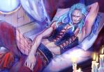  1boy arm_behind_head black_corset blue_hair candle corset dreadlocks eg_(eastg111) feet_out_of_frame heat_(one_piece) highres indoors long_hair lying male_focus mature_male on_back on_bed one_piece solo stitched_arm stitched_face stitched_mouth stitches 