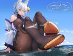  1girl absurdres animal_ear_fluff animal_ears bell bodysuit breasts chinese_clothes city cloud destruction footjob fox_girl giant giantess hair_bell hair_ornament hands_on_ground highres large_breasts long_hair mount_fuji mountain natsukaze_shigure original outdoors sky smile solo thighhighs white_hair 