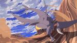  black_sclera claws cloud colored_sclera commentary_request day garchomp highres kura_(shironagasu02) no_humans open_mouth outdoors pokemon pokemon_(creature) rock sharp_teeth sky solo teeth yellow_eyes 