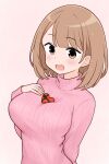  1girl arm_behind_back atsumare!_fushigi_kenkyuubu bob_cut box breasts brown_eyes brown_hair gift hand_on_own_chest heart-shaped_box highres kasugano_asahi_(fushigi_kenkyuubu) large_breasts long_sleeves looking_at_viewer medium_hair object_on_breast open_mouth pink_background pink_sweater pmvoid ribbed_sweater simple_background smile solo sweater turtleneck turtleneck_sweater upper_body valentine 