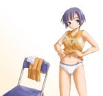  black_hair chair cheerleader folding_chair kasuga_yukihito kugimiya_madoka mahou_sensei_negima! navel panties short_hair smile solo underwear undressing white_panties 