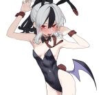  1girl animal_ears bare_legs black_hair black_leotard blue_archive blush breasts commentary detached_collar fake_animal_ears fake_tail fataaa heavy_breathing highres kayoko_(blue_archive) leotard long_hair looking_at_viewer multicolored_hair necktie open_mouth playboy_bunny ponytail rabbit_ears rabbit_tail red_eyes simple_background single_wing small_breasts solo symbol-only_commentary tail two-tone_hair white_background white_hair wings wrist_cuffs 