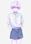  1boy absurdres arms_behind_back black_shorts closed_mouth collared_shirt commentary_request cowboy_shot dated genderswap genderswap_(ftm) grey_background highres hyakumantenbara_salome looking_at_viewer male_focus nijisanji pink_hair purple_eyes shirt shirt_tucked_in short_sleeves shorts simple_background smile solo twitter_username virtual_youtuber white_shirt yuri_kyanon 