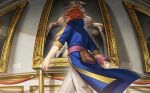  1girl black_clover black_clover:_sword_of_the_wizard_king blue_robe fur_trim gold_trim hat highres looking_at_object mereoleona_vermillion military_hat princia_funnybunny red_hair robe short_hair spiked_hair tsugutoku 