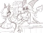 anthro blush breasts clothed clothing dialogue duo english_text female heart_symbol helluva_boss hi_res horn imp lewdchuu_(artist) millie_(helluva_boss) mitzy_(lewdchuu) monochrome sketch spade_tail tail text