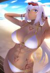  1girl abs animal_ears armpits arms_up bare_shoulders bikini blue_eyes blue_sky body_markings breasts caenis_(fate) caenis_(swimsuit_rider)_(fate) cleavage collarbone dark-skinned_female dark_skin fate/grand_order fate_(series) goggles hairband highres large_breasts long_hair looking_at_viewer minami_koyogi navel sky solo swimsuit thighs white_bikini white_hair 