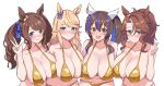  4girls alternate_costume animal_ears aqua_eyes bare_shoulders bikini blonde_hair blue_bow blue_eyes blue_hair blush bow breasts brown_hair cleavage closed_mouth collarbone colored_inner_hair commentary_request cowboy_shot daitaku_helios_(umamusume) ear_bow ear_covers ear_ornament ear_piercing fang finger_heart gold_bikini gold_city_(umamusume) horse_ears horse_girl large_breasts long_hair mejiro_palmer_(umamusume) multicolored_hair multiple_girls open_mouth piercing side_ponytail smile streaked_hair swimsuit tosen_jordan_(umamusume) twintails umamusume w white_background xiang_(user_tfpn4322) yellow_eyes 