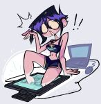  ! !! 1girl :o black_camisole blush_stickers breasts camisole cleavage commentary computer dolphin_shorts drawing_tablet ear_piercing earrings english_commentary highres holding holding_stylus jewelry laptop medium_breasts midriff mouse_(computer) navel original piercing purple_hair short_shorts shorts solo stylus surprised through_medium through_screen twitter_username valbun valbun_(character) 