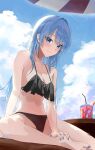  1girl absurdres barefoot bikini black_bikini blue_eyes blue_hair blue_nails breasts cleavage cloud drink drinking_straw feet frilled_bikini frilled_bikini_top frills hand_on_own_foot highres hololive hoshimachi_suisei ice ice_cube light_blue_hair long_hair looking_at_viewer matttttya1 medium_breasts nail_polish navel sitting sky solo swimsuit umbrella virtual_youtuber 