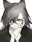  1girl akechi_(826988799) animal_ears arknights black-framed_eyewear black_jacket commentary_request glasses grey_hair jacket long_sleeves looking_at_viewer penance_(arknights) shirt short_hair solo upper_body white_shirt wolf_ears yellow_eyes 