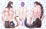  3boys back back_focus black_hair cropped_legs earrings eg_(eastg111) eyewear_on_head facial_hair fox_tail goatee highres jabra_(one_piece) jewelry leopard_tail long_hair long_mustache male_focus mature_male multi-tied_hair multiple_boys muscular muscular_male one_piece purple_hair rabbit_tail rob_lucci scar scar_on_back short_hair shoulder_tattoo smile spandam sweatdrop tail tattoo topless_male touching_tail 