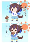  2girls :d ^^^ ^_^ animal_ears blue_footwear blue_hair blue_shorts blush_stickers brown_hair chibi closed_eyes daitaku_helios_(umamusume) giant giantess gomashio_(goma_feet) green_shirt grey_pants hair_ornament hairclip highres horse_ears horse_girl horse_tail kneehighs long_sleeves mejiro_palmer_(umamusume) multicolored_hair multiple_girls pants ponytail print_shirt raglan_sleeves shirt shoes shorts side_ponytail sleeves_past_wrists smile socks star_(symbol) star_hair_ornament star_print streaked_hair sun_symbol tail translation_request umamusume white_hair white_shirt yellow_socks |_| 