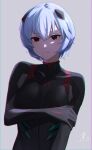  1girl ayanami_rei black_bodysuit blue_hair bodysuit breasts closed_mouth commentary_request expressionless grey_background hair_between_eyes hairpods hand_on_own_arm highres medium_breasts neon_genesis_evangelion pilot_suit plugsuit red_eyes senju_(snz0) short_hair signature simple_background solo upper_body 