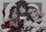  3girls absurdres azur_lane bangs black_hair blue_eyes clothes_writing cooper_(azur_lane) english_text eskimo_(azur_lane) eyebrows_visible_through_hair fang fur_collar fur_trim glasses gloves grey_hair hat highres hood hood_up long_hair minsk_(azur_lane) multicolored_hair multiple_girls one_eye_closed open_mouth purple_eyes red_eyes red_gloves shisantian short_hair simple_background smile streaked_hair two-tone_background upper_body v 