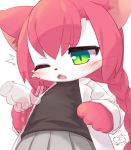  1girl animal_ears animal_nose blush cat cat_busters cat_ears cat_girl commentary_request covered_nipples dated disembodied_limb furry green_eyes grey_skirt hair_between_eyes labcoat mizuki_kotora neko_hakase_(cat_busters) one_eye_closed open_mouth pawpads pink_fur pink_hair pleated_skirt signature skirt slit_pupils solo twintails two-tone_fur upper_body whiskers white_fur 