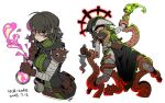  1girl affliction_(darkest_dungeon) armor bandages belt belt_pouch black_hair blush breasts brown_belt commentary_request dagger darkest_dungeon dated finger_to_mouth glasses groping h_ikenuma highres holding holding_dagger holding_knife holding_weapon hood knife medium_breasts medium_hair panties panty_peek pauldrons pink_eyes plague_doctor_(darkest_dungeon) plague_doctor_mask potion pouch restrained shoulder_armor shushing signature simple_background spiked_pauldrons spikes sweatdrop tentacles the_iron_crown_(darkest_dungeon) underwear utility_belt weapon white_background 