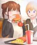  2girls bacon bangs blush brown_hair closed_eyes commentary_request cup disposable_cup drinking_straw eating eyebrows_visible_through_hair food french_fries hamburger highres holding holding_food idolmaster idolmaster_shiny_colors lettuce multiple_girls purple_eyes raised_eyebrows saijou_juri shiny shiny_hair short_hair sitting sonoda_chiyoko takeroku tomato tray uniform 