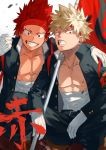  2boys alternate_costume bakugou_katsuki bandages black_hair blonde_hair boku_no_hero_academia chest couple covered_abs flag gloves hand_on_another&#039;s_shoulder headband highres kirishima_eijirou looking_at_viewer male_focus multiple_boys muscle nipples open_clothes open_mouth oriharaizaya0111 red_eyes school_uniform sharp_teeth shoes sitting smile spiked_hair teeth toned toned_male u.a._school_uniform white_background yaoi 