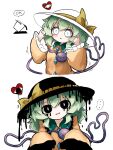  ... 1girl :o black_eyes blush bow bright_pupils buttons collared_shirt commentary_request diamond_button dripping dripping_eye frilled_shirt_collar frilled_sleeves frills green_hair hat hat_bow heart heart_of_string heripantomorrow komeiji_koishi medium_hair multiple_views paint paint_can pointing pointing_at_self raised_inner_eyebrows shirt simple_background spoken_ellipsis third_eye touhou white_background white_eyes white_hat white_pupils yellow_bow yellow_shirt 