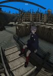  1girl absurdres aircraft animal_ears black_shorts blue_cape blue_sky building cape cat_ears commentary crate english_commentary escape_from_tarkov expressionless flatbed_truck game_screenshot_background grey_hair hayasabro helicopter highres jaggy_lines kemonomimi_mode kneehighs lapwing_(vrchat) long_hair long_sleeves looking_at_viewer mi-26 motor_vehicle on_truck outdoors ponytail red_socks screenshot_background shirt shorts sitting sky socks solo truck vrchat white_shirt wide_shot 
