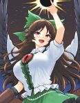  1girl arm_cannon arm_up bird_wings black_sun black_wings blush breasts brown_hair cape collared_shirt commentary frilled_skirt frills green_skirt highres hinben index_finger_raised large_breasts long_hair looking_at_viewer open_mouth red_eyes reiuji_utsuho shirt skirt solo sun teeth third_eye touhou upper_body upper_teeth_only weapon white_cape white_shirt wings 