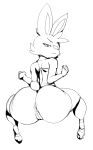  anthro anus big_butt bottomless breasts butt clothed clothing female genitals hi_res huge_butt kneeling looking_at_viewer looking_back monochrome nintendo pok&eacute;mon pok&eacute;mon_(species) pussy rear_view scorbunny simple_background small_breasts solo thecon thick_thighs video_games white_background 